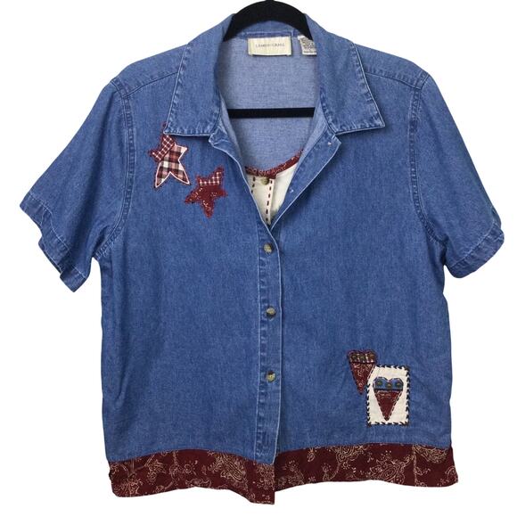 Lemon Grass VTG Chambray Farmcore Patch Short Sleeve Blue Collared Shirt Large - Picture 1 of 14